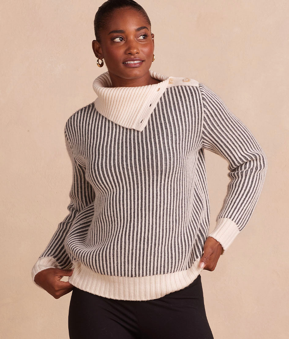 The Luxe Cashmere Blend Two-Tone Button Neck Sweater - Main