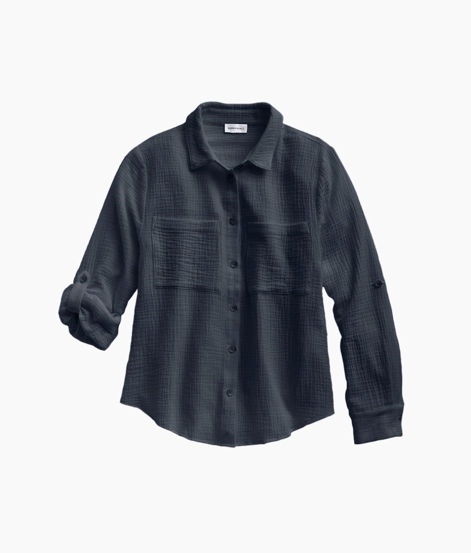 The Going Places Gauze Button-Down Camp Shirt - Midnight**