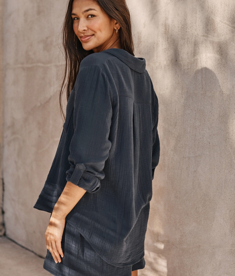 The Going Places Gauze Button-Down Camp Shirt - Midnight**