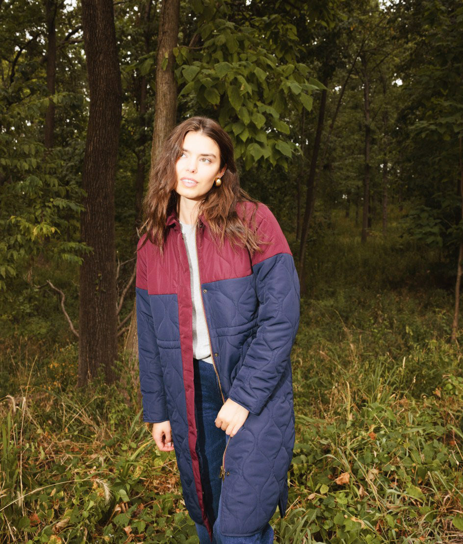 The Long Colorblock Eco Quilted Coat - Midnight & Black Cherry