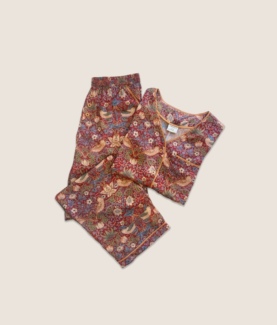 The Silky Luxe Pajama Set - Strawberry Thief in Crimson & Slate