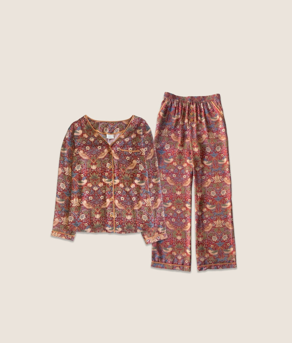 The Silky Luxe Pajama Set - Strawberry Thief in Crimson & Slate