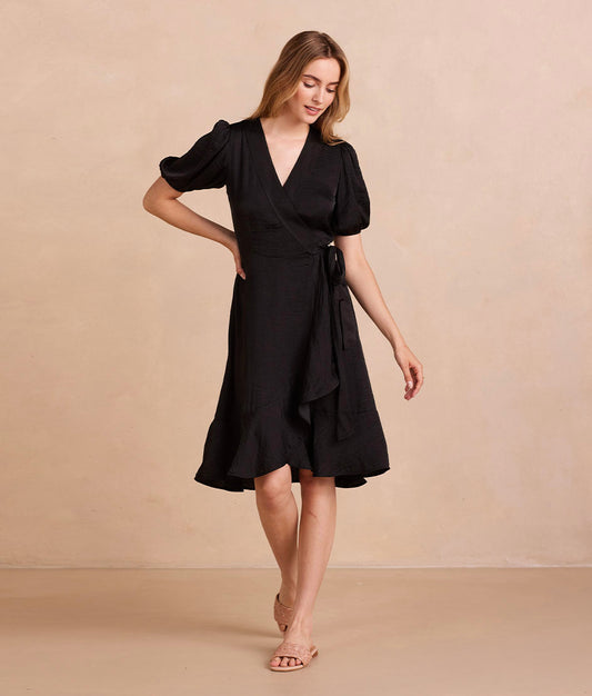 The Silky Luxe Puff Sleeve Beach to Brunch Wrap Dress - Main