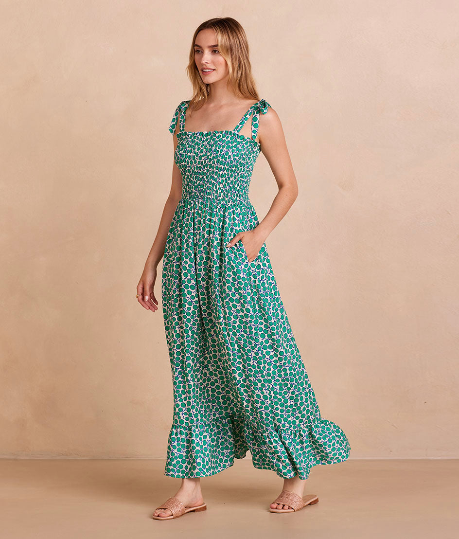 The Silky Luxe Smocked Maxi Dress - Summer Sprig in Seagreen