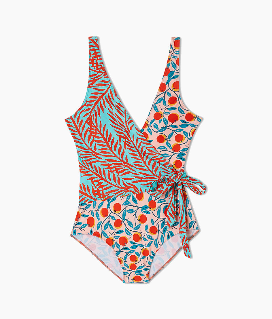 The Perfect Wrap One-Piece - Pink Nectarine Orchard & Aqua Bella Palms