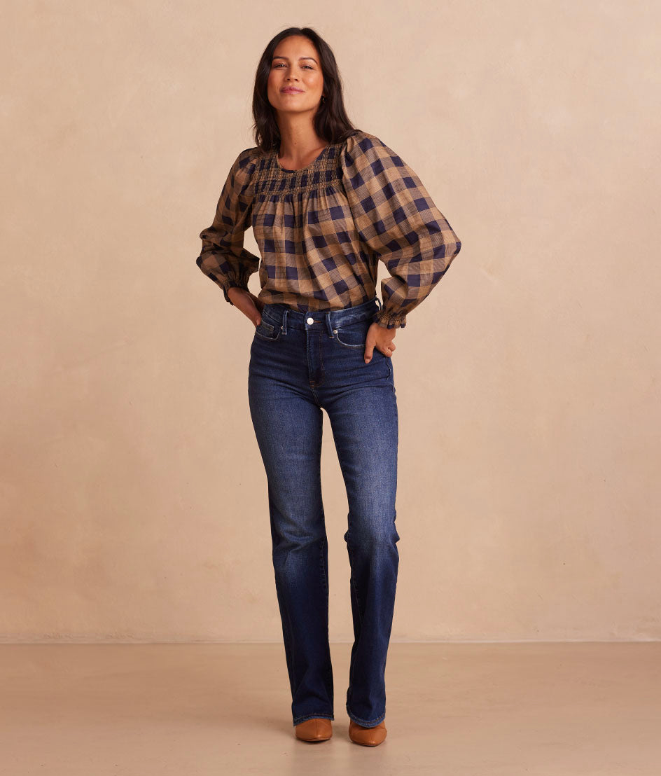 The Perfect Smocked Cotton Top - Buffalo Check in Midnight & Toffee