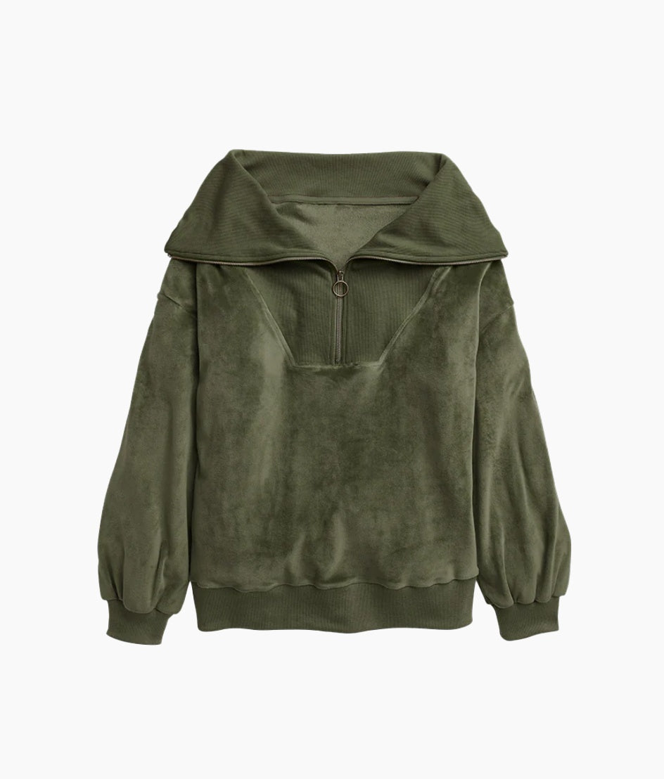 The Plush Velour Half-Zip Pullover - Olive