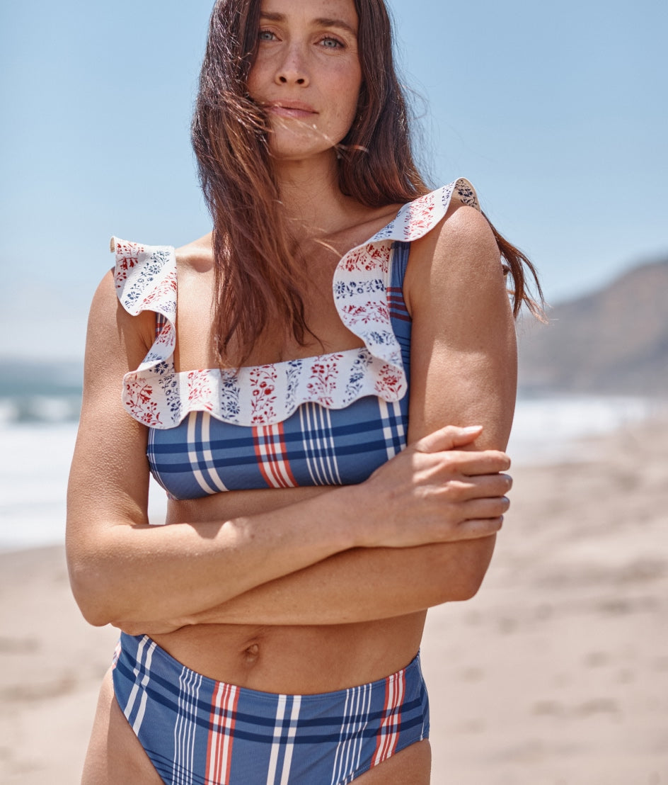 The Ruffle Seaway Square Neck Bikini Top - Admiral Plaid & Floral Stripe in Lobster & Atlantic