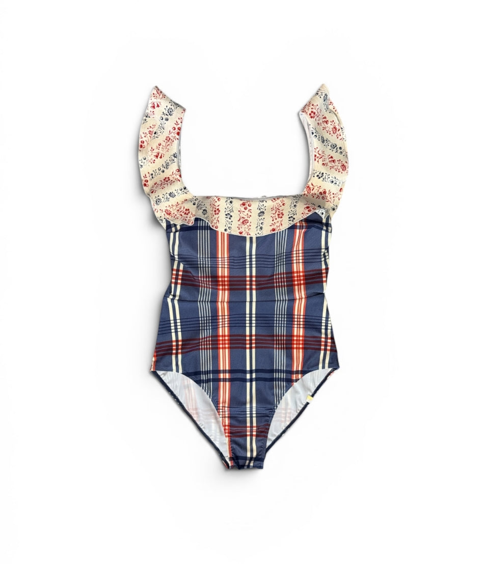 The Ruffle Seaway Square Neck One-Piece - Admiral Plaid & Floral Stripe in Lobster & Atlantic