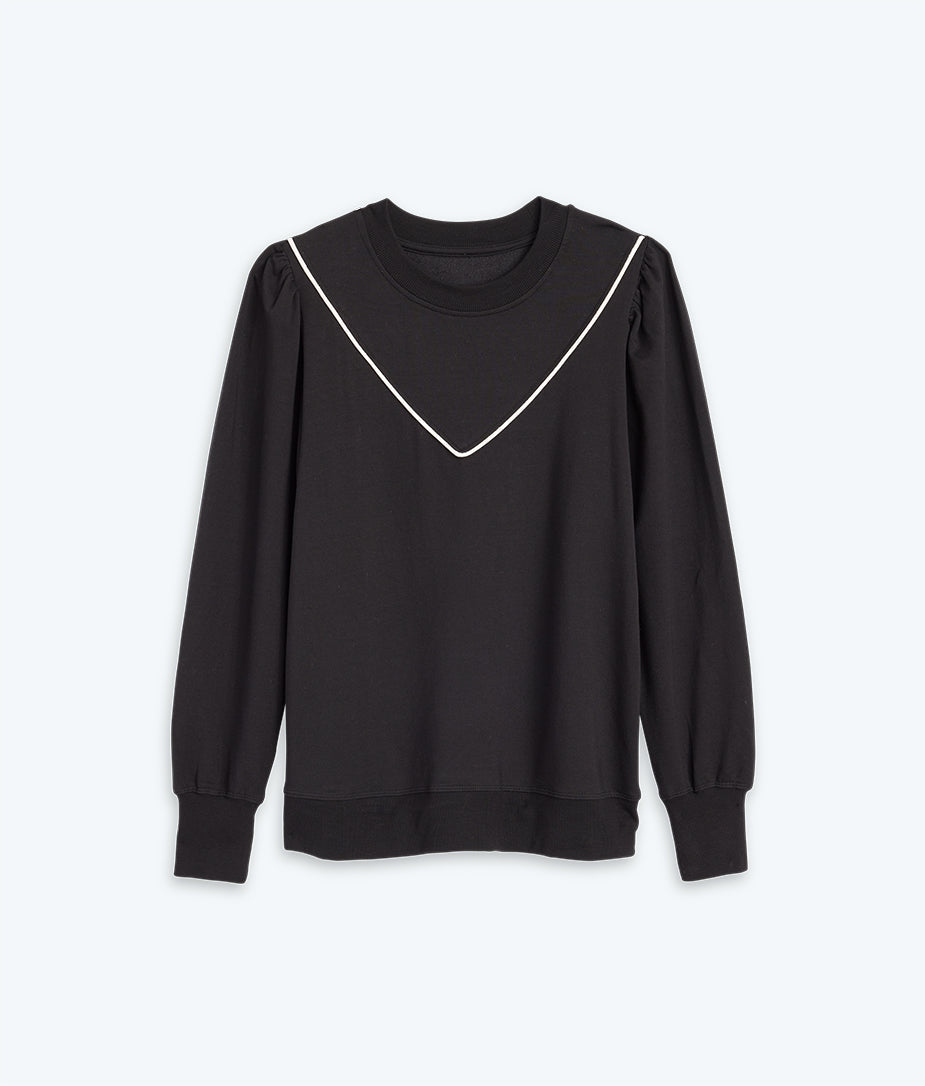 The Softest French Terry Contrast Puff-Sleeve Pullover - Sea Urchin & White Sand