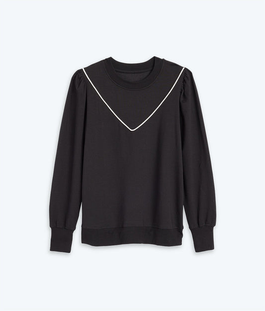 The Softest French Terry Contrast Puff-Sleeve Pullover - Sea Urchin & White Sand