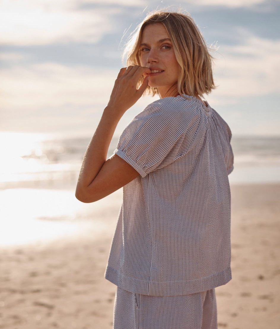 The Seersucker Puff Sleeve Top - Driftwood & White Sand