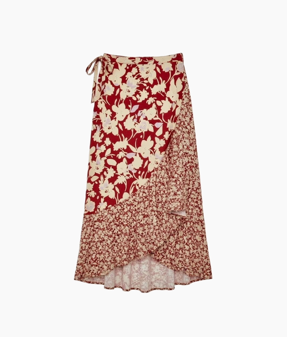 The Silky Luxe Beach to Brunch Wrap Skirt - Contrast Floral in Heirloom Red