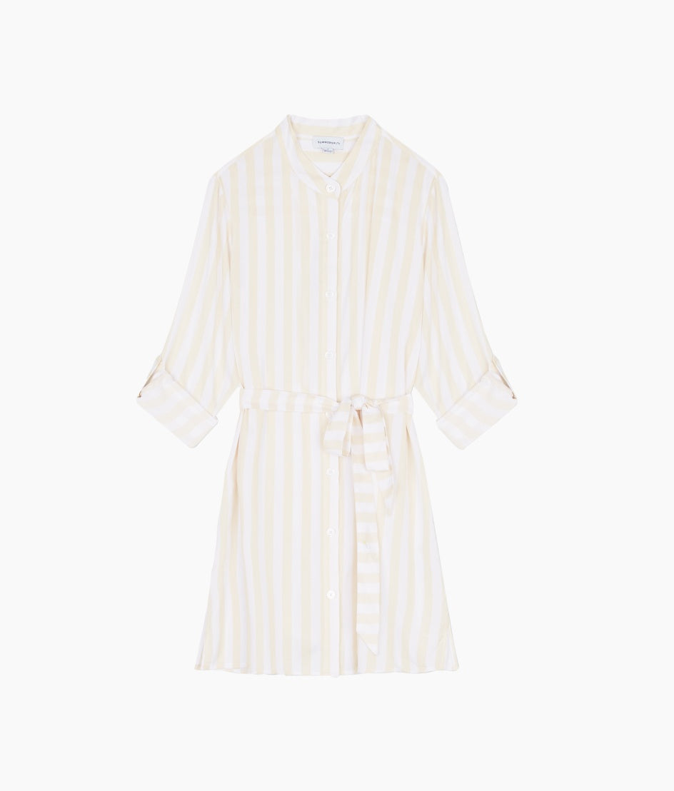 The Silky Luxe Short Effortless Shirtdress Cover-Up - Beach Stripe in Sandshell