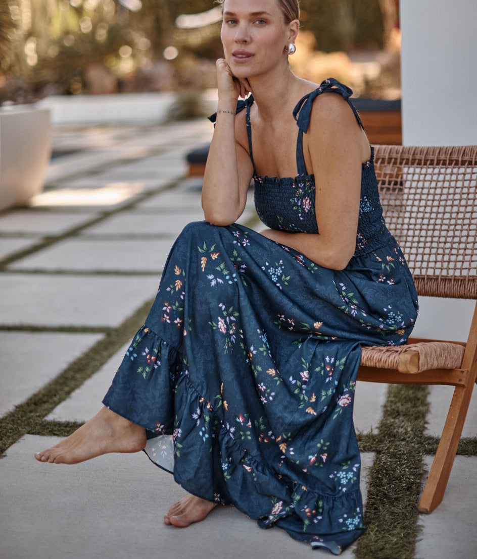 The Silky Luxe Smocked Maxi Dress - Celestial Floral in Deep Sea