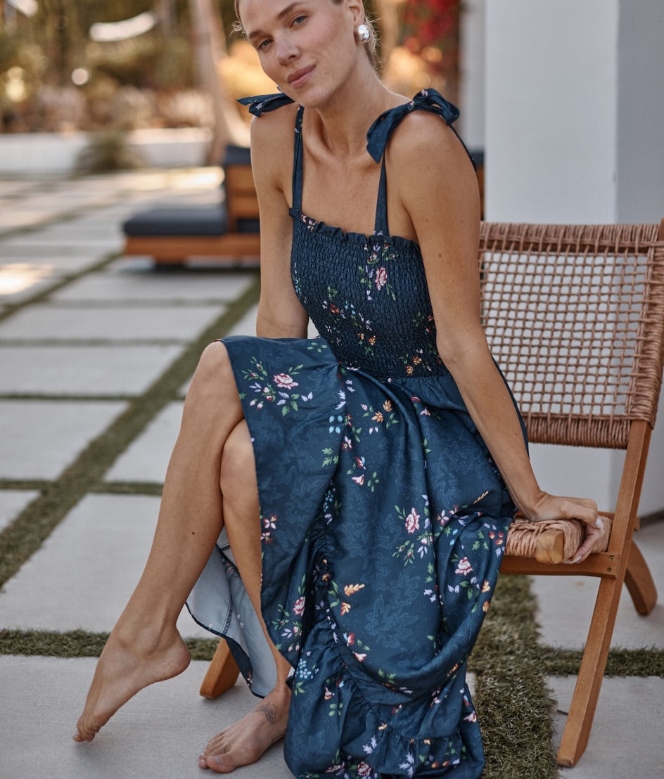 The Silky Luxe Smocked Maxi Dress - Celestial Floral in Deep Sea