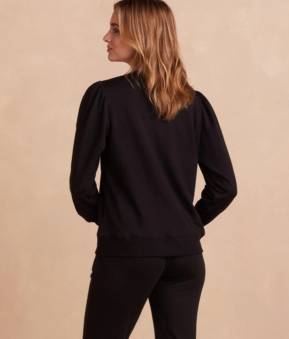 The Softest French Terry Contrast Puff-Sleeve Pullover - Sea Urchin & White Sand