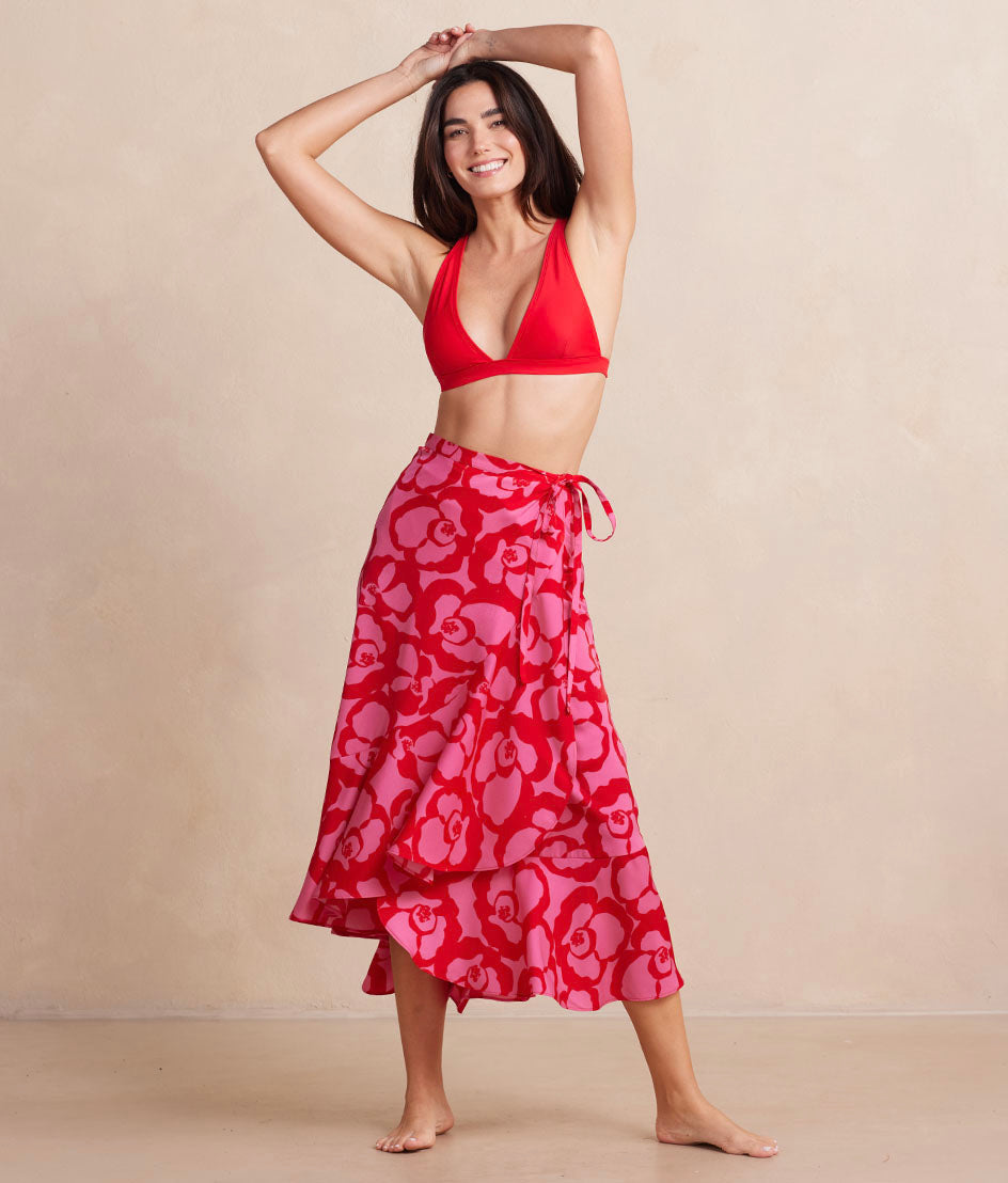 The Silky Luxe Beach to Brunch Wrap Skirt - Pop Floral in Lava