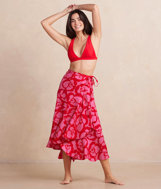 The Silky Luxe Beach to Brunch Wrap Skirt - Pop Floral in Lava