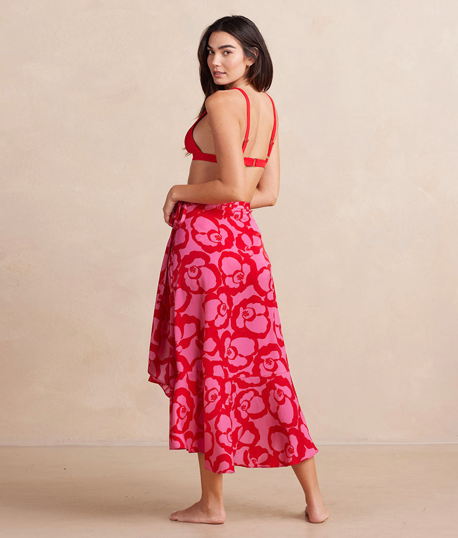 The Silky Luxe Beach to Brunch Wrap Skirt - Pop Floral in Lava