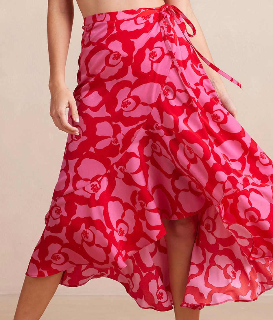 The Silky Luxe Beach to Brunch Wrap Skirt - Pop Floral in Lava