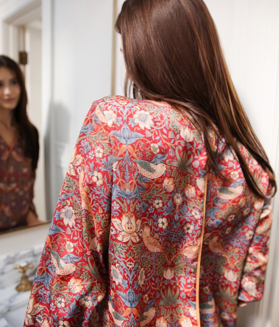 The Silky Luxe Pajama Set - Strawberry Thief in Crimson & Slate