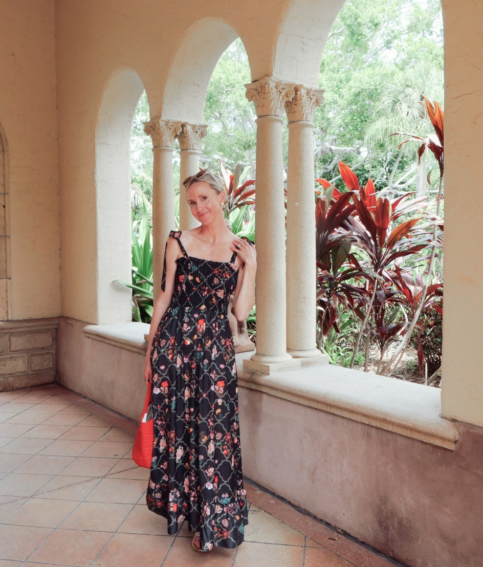 The Silky Luxe Smocked Maxi Dress - Orchard Trellis in Sea Urchin