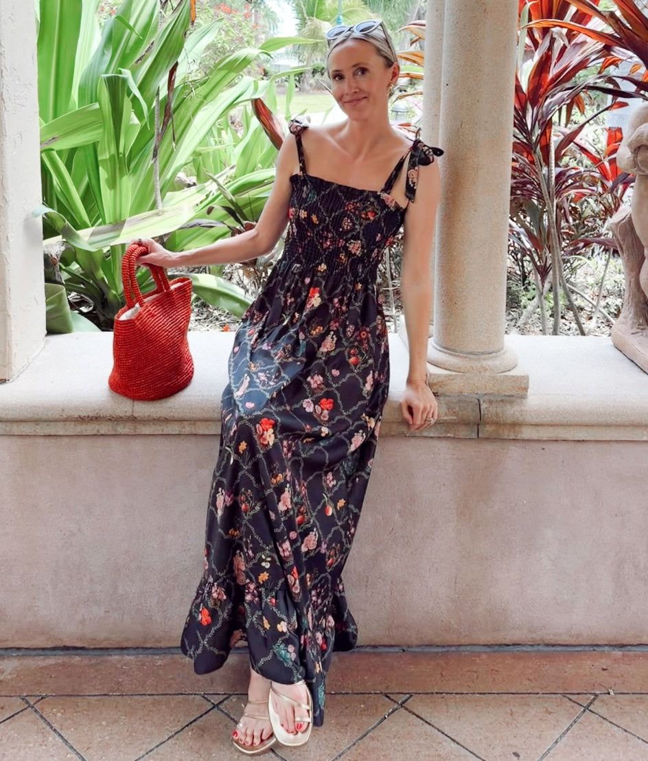 The Silky Luxe Smocked Maxi Dress - Orchard Trellis in Sea Urchin
