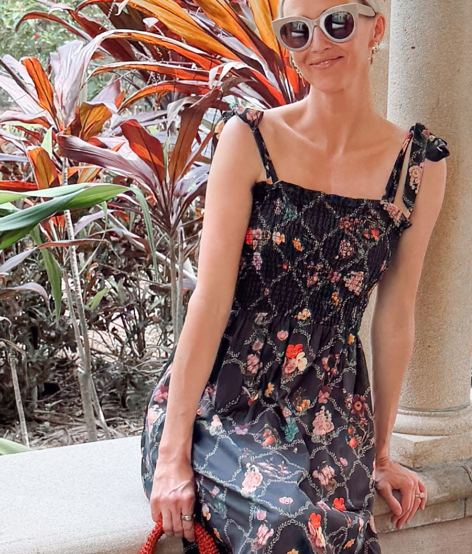 The Silky Luxe Smocked Maxi Dress - Orchard Trellis in Sea Urchin