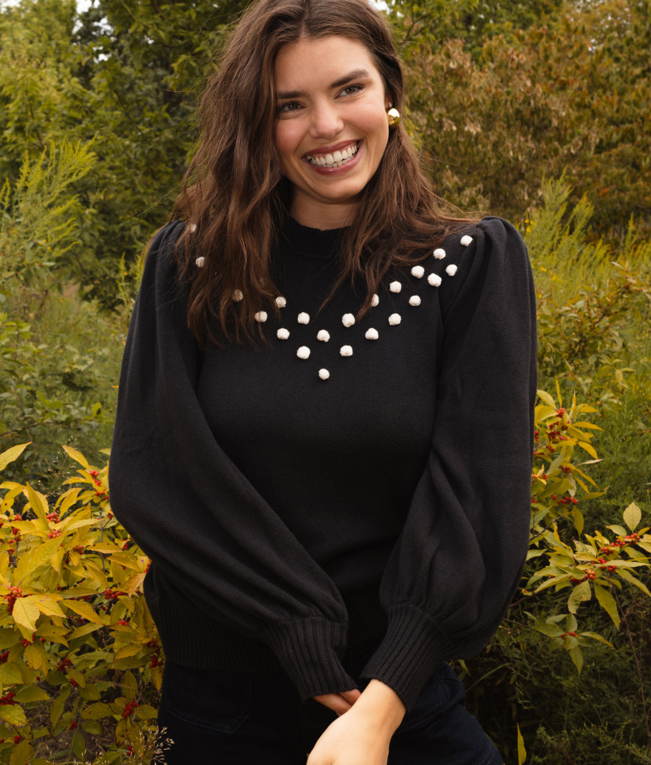 The Year-Round Balloon Sleeve Pompom Sweater - Sea Urchin