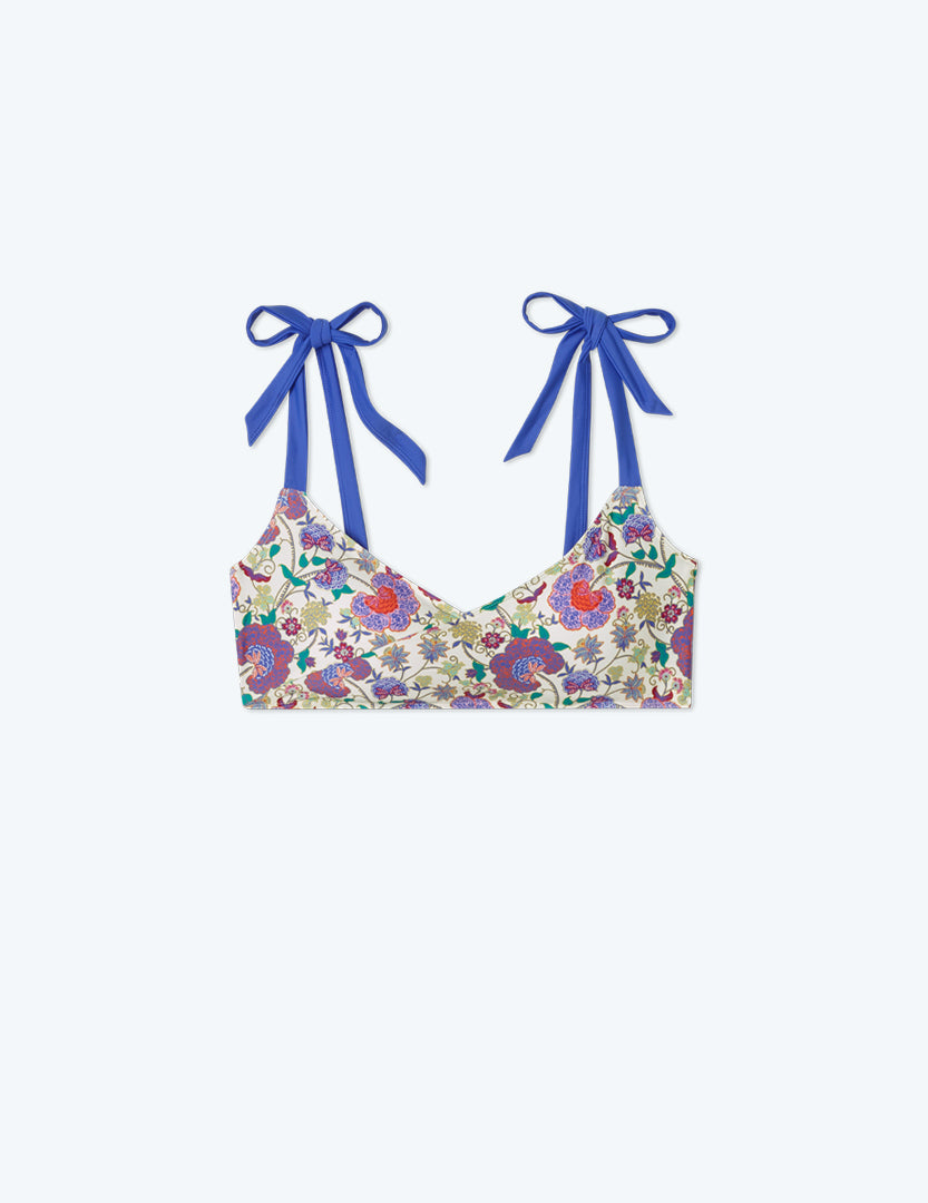 The Tie Marina Bikini Top - Scroll Block Print in Violet & Lava