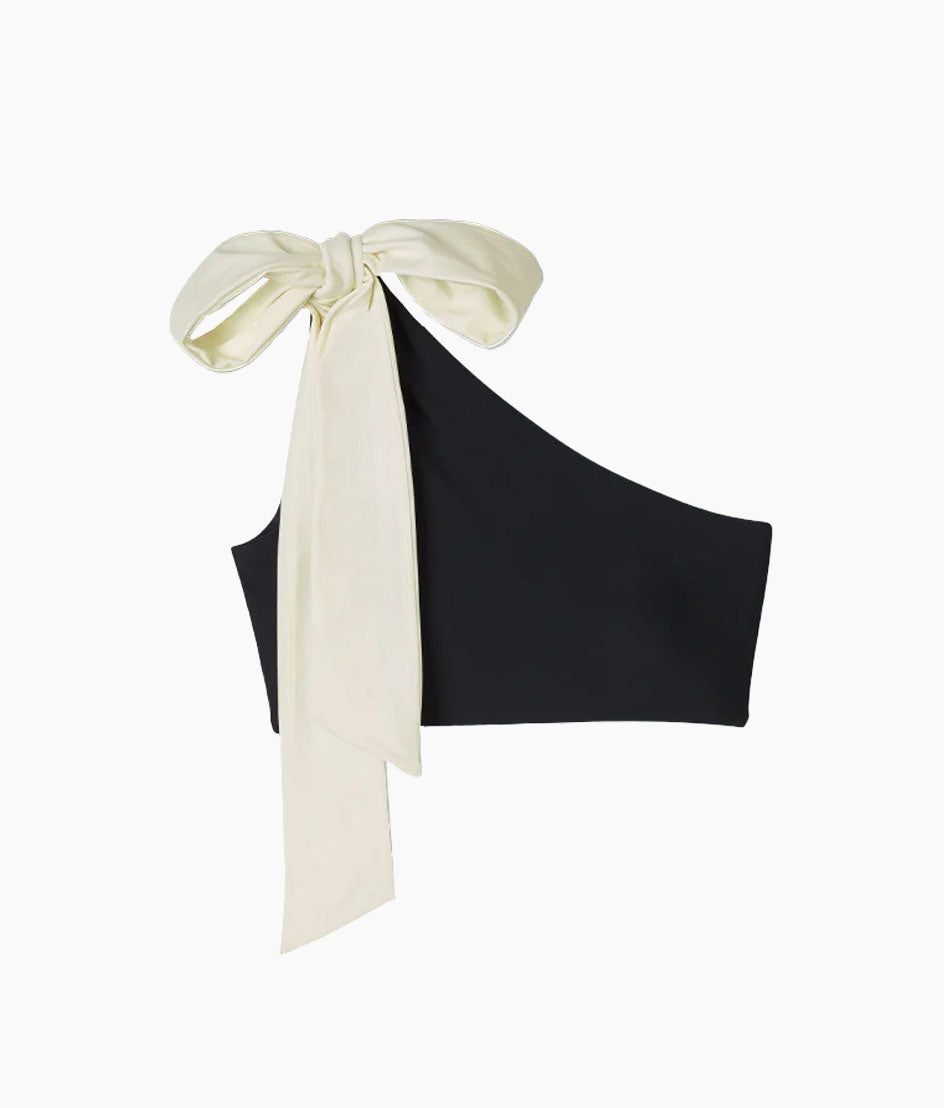 The Bow-Shoulder Ruched Sidestroke Bikini Top - Sea Urchin & White Sand