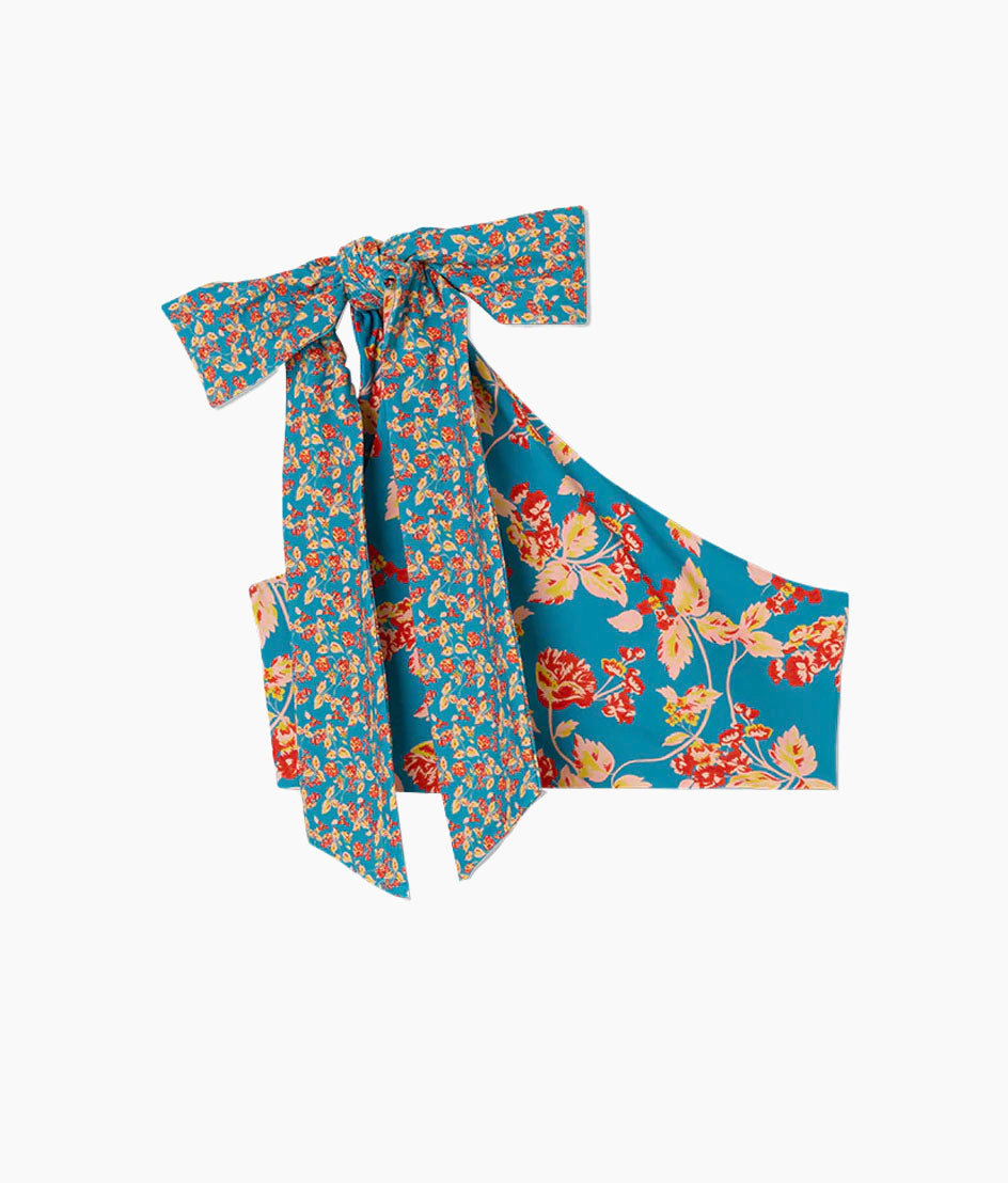 The Bow-Shoulder Ruched Sidestroke Bikini Top - Terrace Floral