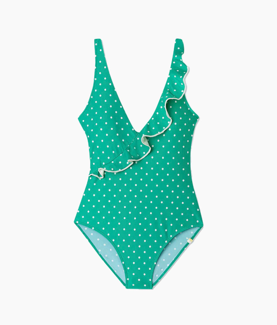 The Ruffle Wrap One-Piece - Seaglass Dot
