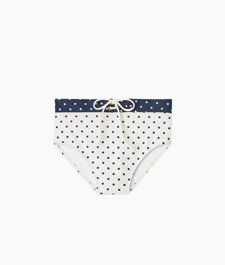 The Lace-Up High Leg High Rise Bikini Bottom - Square Dot in White Sand & Deep Sea